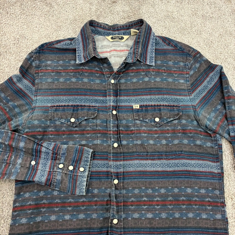 Salt Valley Western Shirt Mens Medium Snap Front Aztec Navajo Stripe Chambray